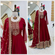 Diwali Red Georgette Anarkali Gown – Gold Sequin Yoke & Hem with Trellis Dupatta 5