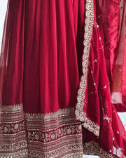 Diwali Red Georgette Anarkali Gown – Gold Sequin Yoke & Hem with Trellis Dupatta 6