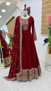 Diwali Red Georgette Anarkali Gown – Gold Sequin Yoke & Hem with Trellis Dupatta 7