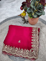 Diwali Rani Pink Satin Silk Saree – Sequin & Zari Dori Cutwork Border Saree with Embroidered Blouse 5