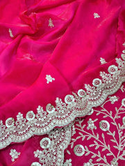 Diwali Rani Pink Satin Silk Saree – Sequin & Zari Dori Cutwork Border Saree with Embroidered Blouse 7
