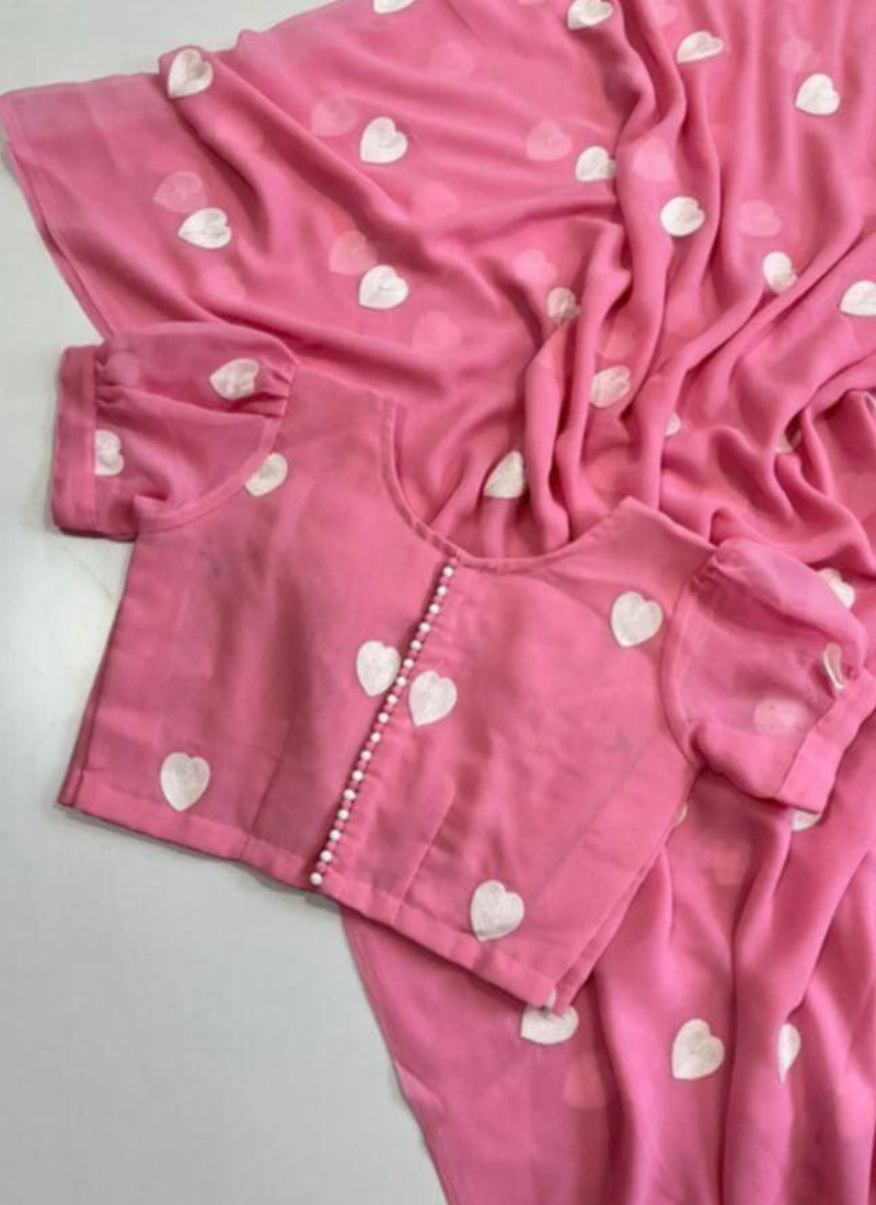 Pink Georgette Saree with Heart Embroidery & Stitched Blouse