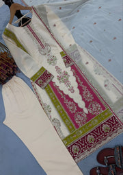 Diwali Ivory Roman Silk Embroidered Suit – Pakistani Style Kurti with Sequin Panel, Pants & Dupatta 3