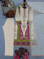 Diwali Ivory Roman Silk Embroidered Suit – Pakistani Style Kurti with Sequin Panel, Pants & Dupatta 4