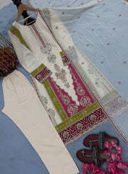 Diwali Ivory Roman Silk Embroidered Suit – Pakistani Style Kurti with Sequin Panel, Pants & Dupatta 5