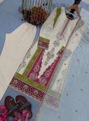 Diwali Ivory Roman Silk Embroidered Suit – Pakistani Style Kurti with Sequin Panel, Pants & Dupatta 6