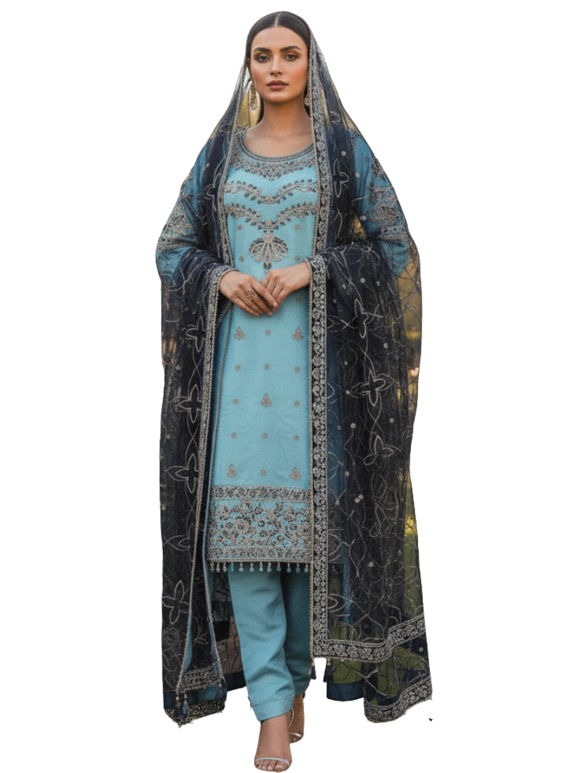 Pakistan Salwar Suit – Light Blue & Navy with Embroidery