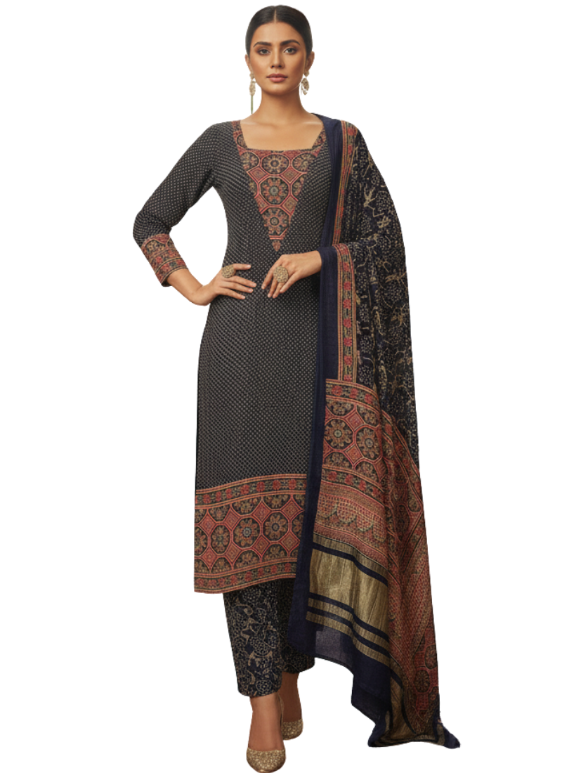 Pure Modal Ajrak Salwar Kameez Suit – Navy Blue with Dupatta