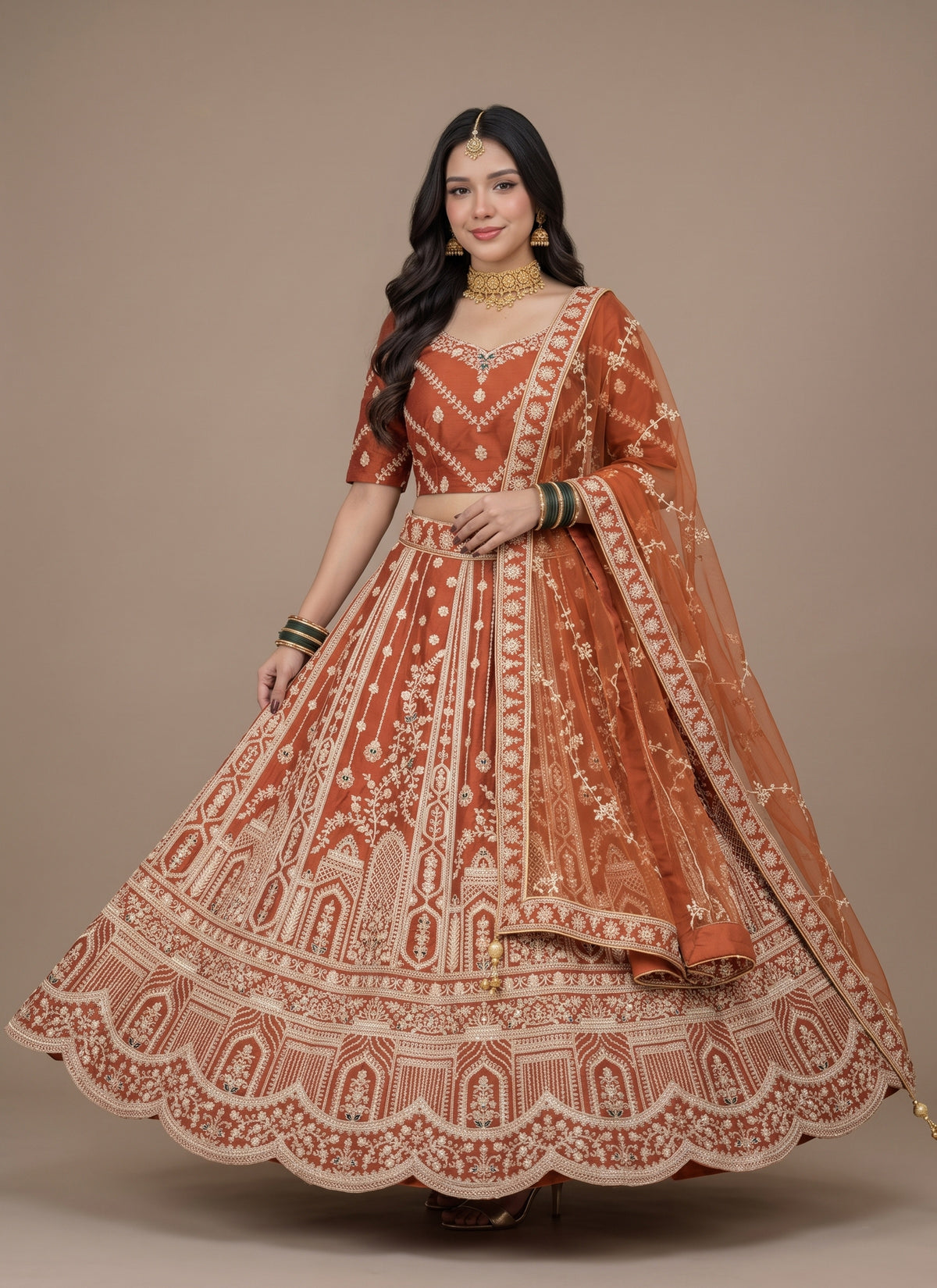 Diwali Rust Bridal Lehenga – Silk with Heavy Zari, Dori & Jarkan Diamond Work and Net Dupatta Australia