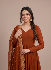 Diwali Rust Georgette Anarkali Gown – V Neck Flared Gown with Sequin Cutwork Dupatta 5