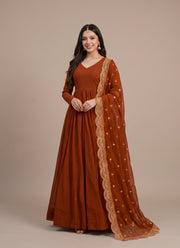 Diwali Rust Georgette Anarkali Gown – V Neck Flared Gown with Sequin Cutwork Dupatta 2