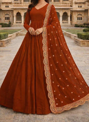 Diwali Rust Georgette Anarkali Gown – V Neck Flared Gown with Sequin Cutwork Dupatta 4