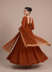 Diwali Rust Georgette Anarkali Gown – V Neck Flared Gown with Sequin Cutwork Dupatta 3