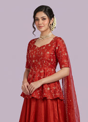 Diwali Crinkle Silk Peplum Lehenga Set – Floral Vine Embroidery Top with 6.5m Flare Skirt & Dupatta 11