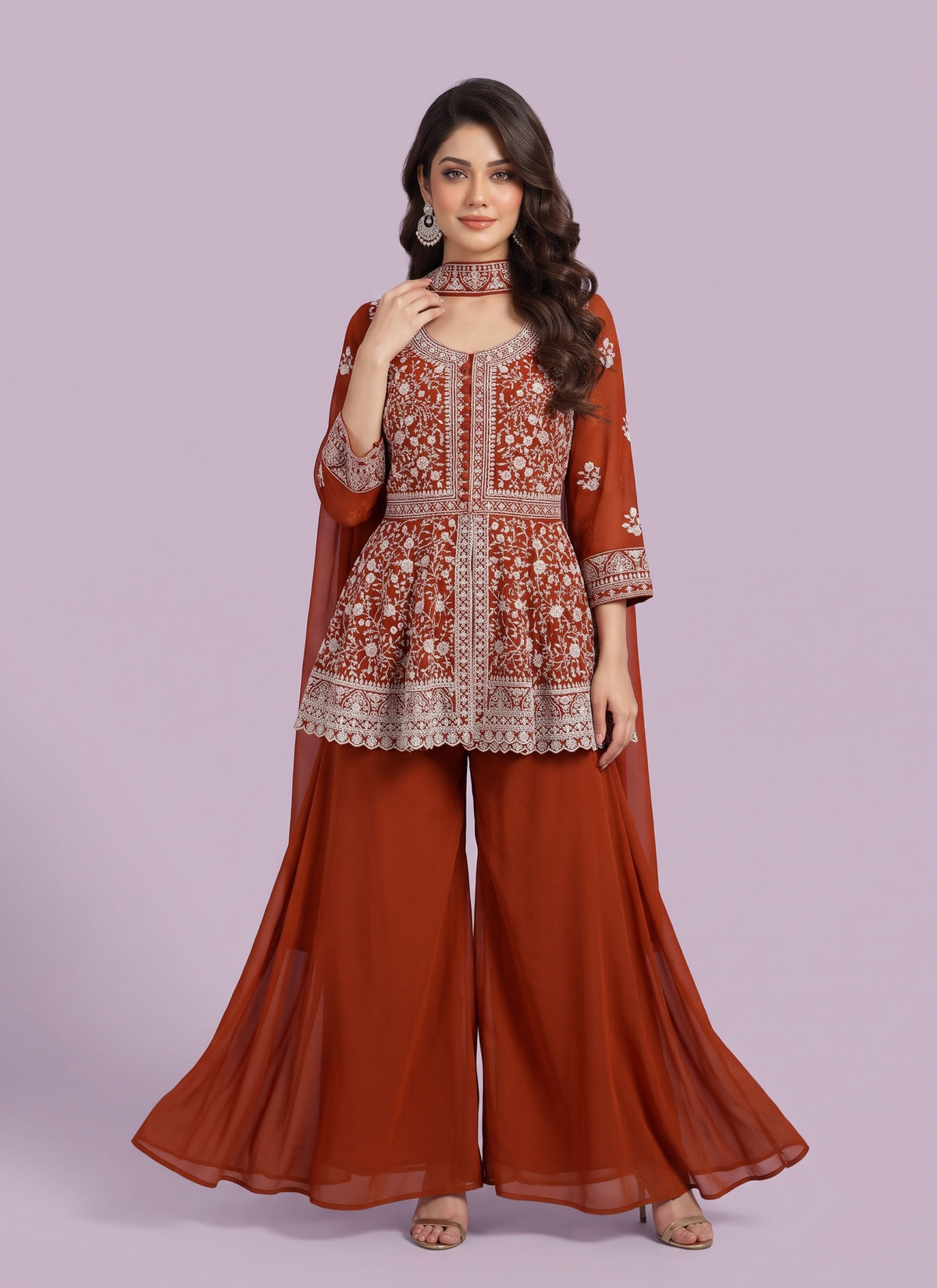 Diwali Georgette Peplum Palazzo Suit – White Sequin Embroidery Kurti with Flared Palazzo & Dupatta Australia