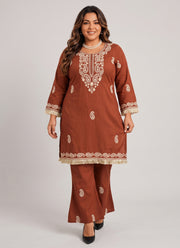 Diwali Slub Rayon Kurti Bell Bottom Set – Paisley Thread Work with Fringe Lace in Maroon & Rust 3