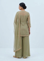 Diwali Sage Green Palazzo Suit – Salsa Fabric with Rose Gold Sequin Kurti & Dupatta 4
