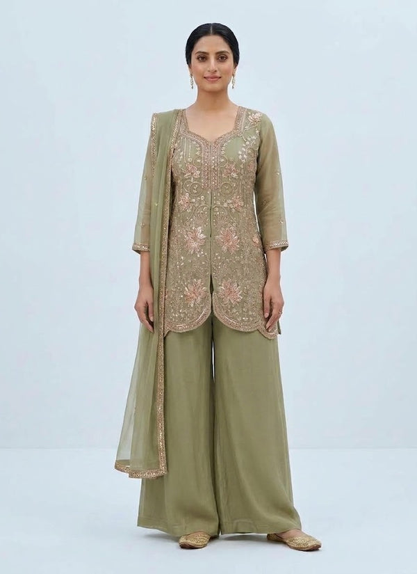 Sage green palazzo suit with rose gold sequin embroidered kurti and sheer gold-bordered dupatta, front view