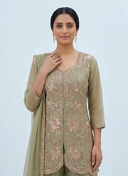 Diwali Sage Green Palazzo Suit – Salsa Fabric with Rose Gold Sequin Kurti & Dupatta 3