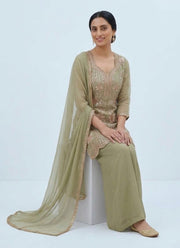 Diwali Sage Green Palazzo Suit – Salsa Fabric with Rose Gold Sequin Kurti & Dupatta 6