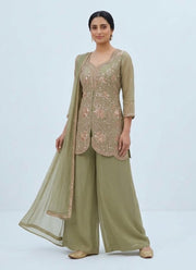 Diwali Sage Green Palazzo Suit – Salsa Fabric with Rose Gold Sequin Kurti & Dupatta 2