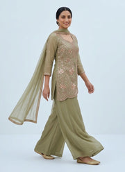 Diwali Sage Green Palazzo Suit – Salsa Fabric with Rose Gold Sequin Kurti & Dupatta 5