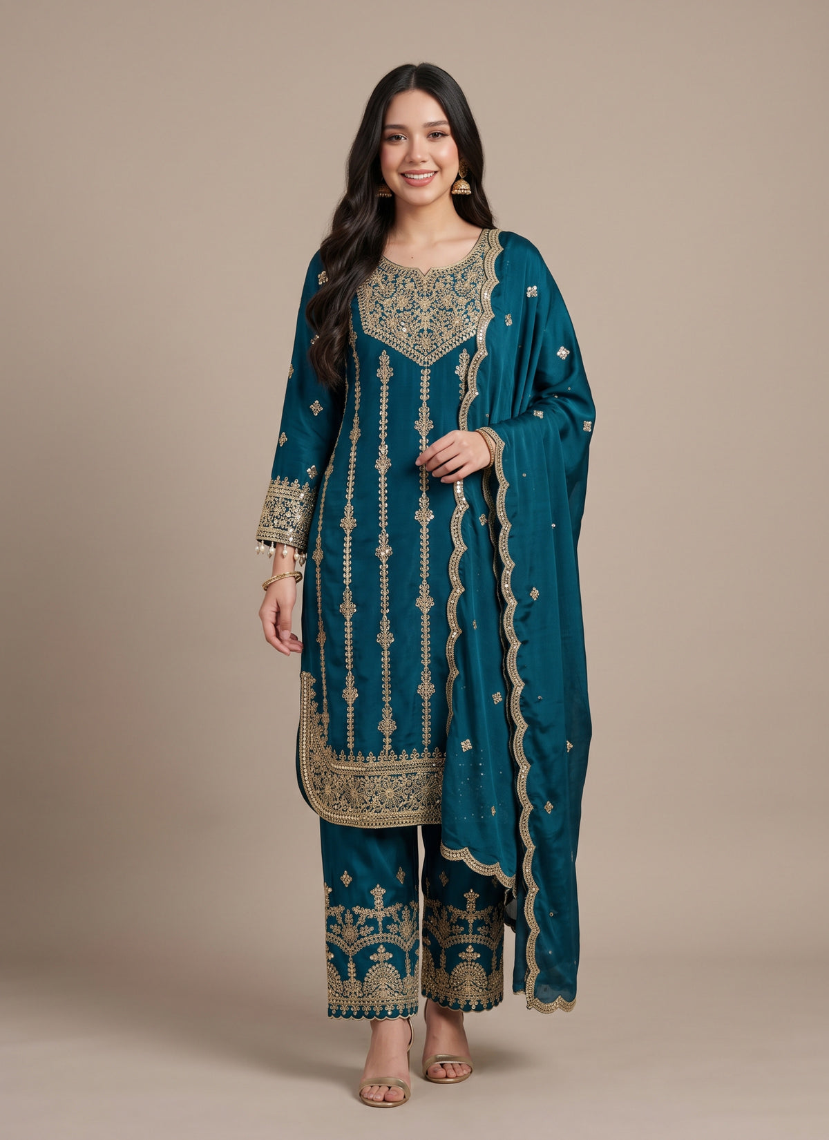 Diwali Sequin Embroidered Palazzo Suit – Chinon Silk with Coding Work & Lace Dupatta Australia