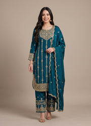 Diwali Sequin Embroidered Palazzo Suit – Chinon Silk with Coding Work & Lace Dupatta 1