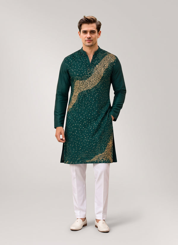 Bottle Green sequin kurta pajama for men with gold sequin wave – front view