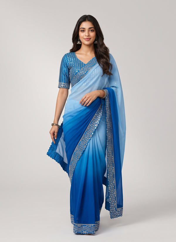 Diwali blue shaded georgette saree with mirror work border