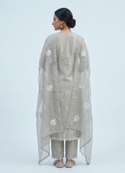Diwali Silver Grey Tissue Silk Salwar Suit – Handmade 3D Rose Embroidery & Organza Dupatta 4