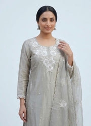 Diwali Silver Grey Tissue Silk Salwar Suit – Handmade 3D Rose Embroidery & Organza Dupatta 3