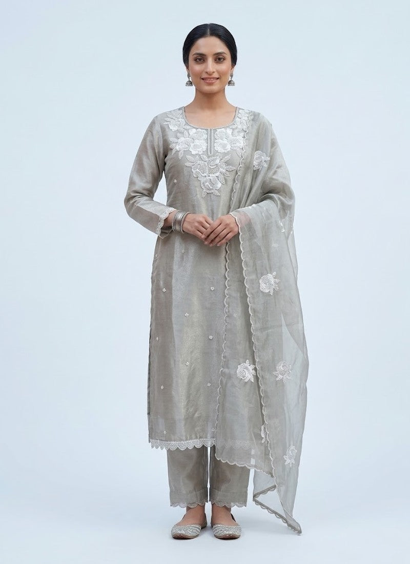 Diwali Silver Grey Tissue Silk Salwar Suit – Handmade 3D Rose Embroidery & Organza Dupatta Australia