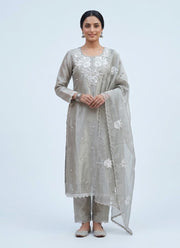 Diwali Silver Grey Tissue Silk Salwar Suit – Handmade 3D Rose Embroidery & Organza Dupatta 1