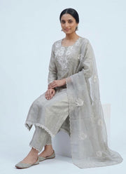 Diwali Silver Grey Tissue Silk Salwar Suit – Handmade 3D Rose Embroidery & Organza Dupatta 6