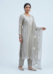 Diwali Silver Grey Tissue Silk Salwar Suit – Handmade 3D Rose Embroidery & Organza Dupatta 2