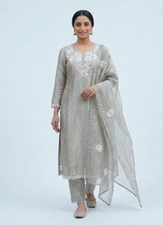 Diwali Silver Grey Tissue Silk Salwar Suit – Handmade 3D Rose Embroidery & Organza Dupatta 5