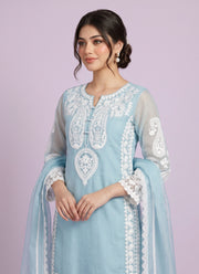 Diwali Organza Silk Palazzo Suit – White Paisley Embroidery Kurti with Bell Sleeves & Lace Dupatta 2