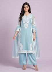 Diwali Organza Silk Palazzo Suit – White Paisley Embroidery Kurti with Bell Sleeves & Lace Dupatta 1