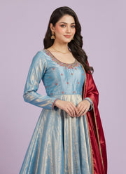Diwali Sindoor Tissue Silk Anarkali Gown – Maggam Hand Work with Double-Layer Flare & Contrast Dupatta 2