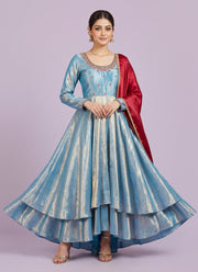 Diwali Sindoor Tissue Silk Anarkali Gown – Maggam Hand Work with Double-Layer Flare & Contrast Dupatta 1