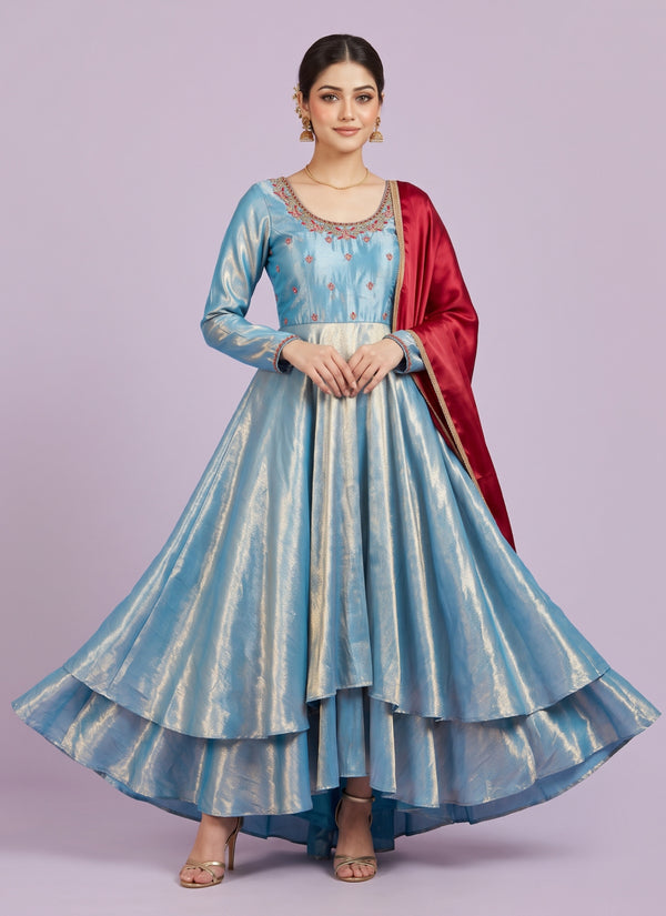 Sky Blue tissue silk maggam work anarkali gown with red dupatta - front