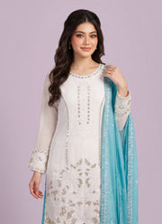 Diwali White Georgette Sequin Palazzo Suit – Pearl Hand Work Kurti with Coloured Palazzo & Dupatta 14