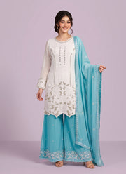 Diwali White Georgette Sequin Palazzo Suit – Pearl Hand Work Kurti with Coloured Palazzo & Dupatta 13