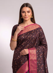 Diwali South Muga Silk Saree – Chocolate Brown with Magenta Zari Border, Copper Butis & Blouse Piece 4