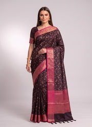 Diwali South Muga Silk Saree – Chocolate Brown with Magenta Zari Border, Copper Butis & Blouse Piece 1