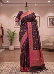 Diwali South Muga Silk Saree – Chocolate Brown with Magenta Zari Border, Copper Butis & Blouse Piece 2