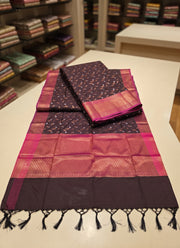 Diwali South Muga Silk Saree – Chocolate Brown with Magenta Zari Border, Copper Butis & Blouse Piece 3