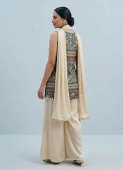 Diwali Teal & Cream Satin Palazzo Set – Embroidered Printed Kurti with Cowrie Shell Tassels & Dupatta 5