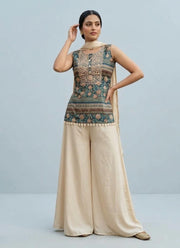 Diwali Teal & Cream Satin Palazzo Set – Embroidered Printed Kurti with Cowrie Shell Tassels & Dupatta 2